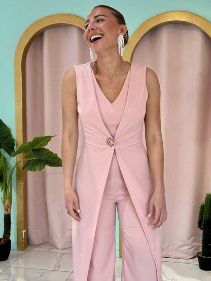 Combinaison pantalon avec broche soleil -rose pastel