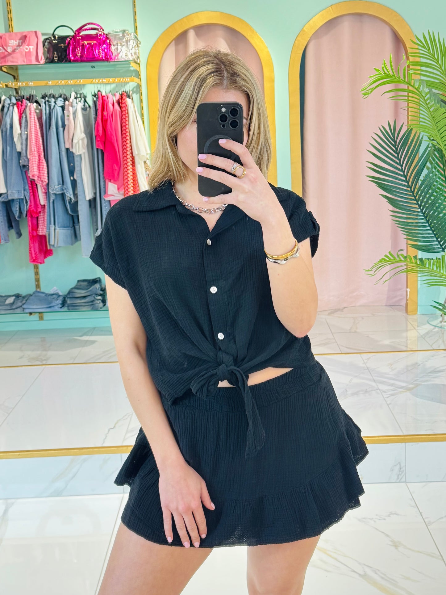 Chemise nouée en gaze de coton – noire