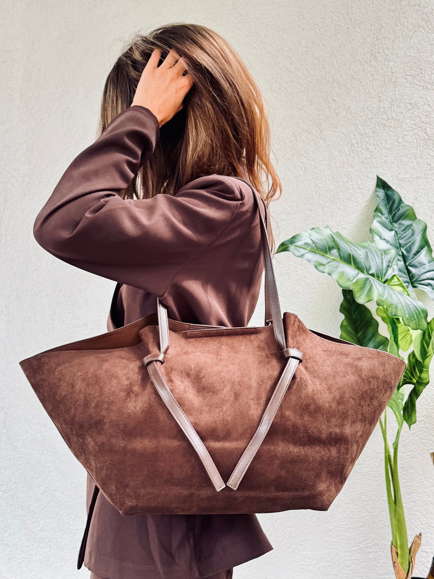 Sac cabas façon nubuck – Grand format avec pochette & bandoulière chocolat