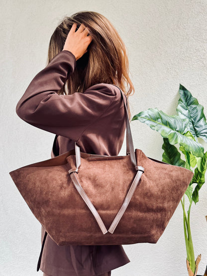 Sac cabas façon nubuck – Grand format avec pochette & bandoulière chocolat