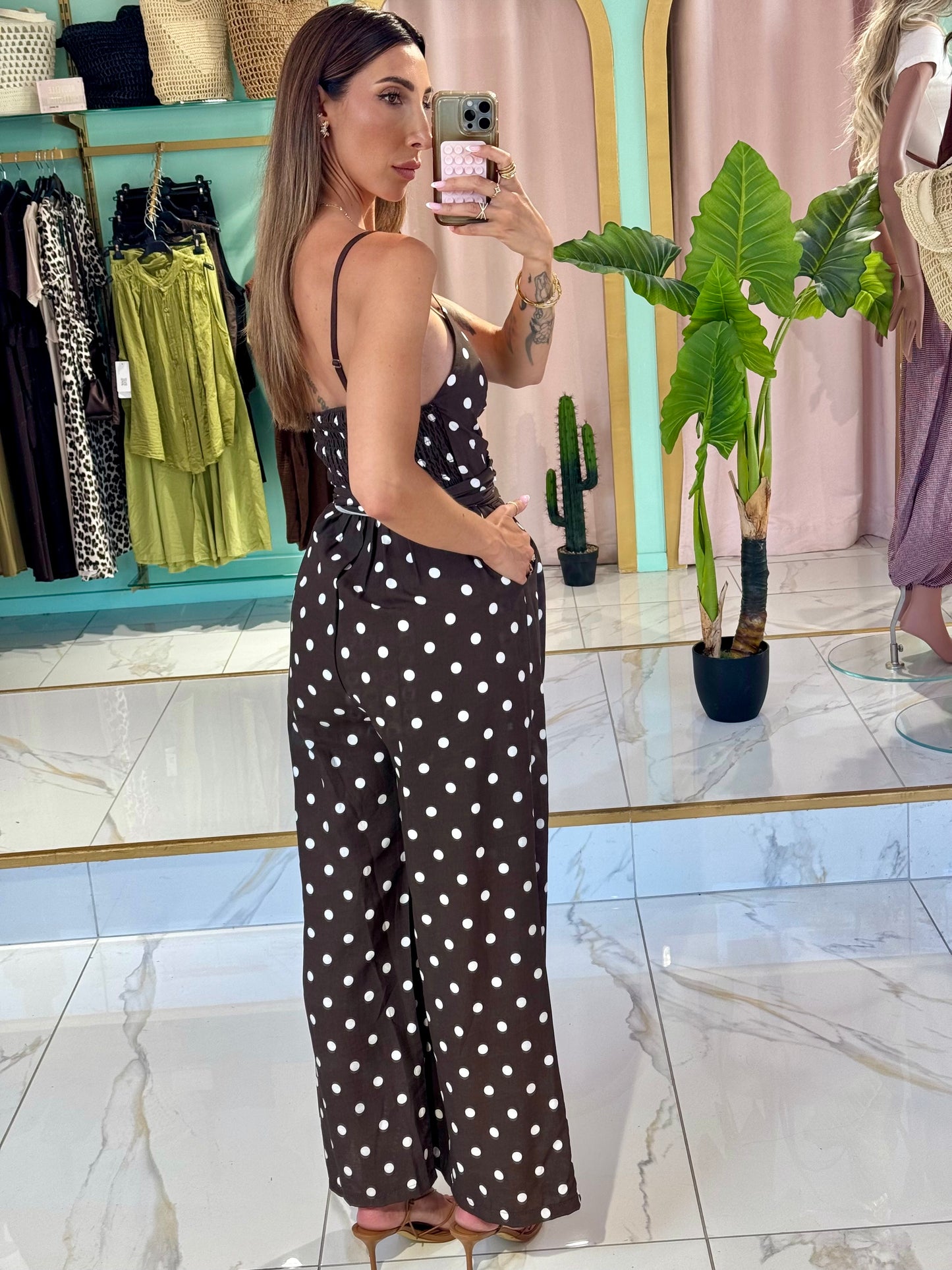 Combi Pantalon magique marron  à pois blanc