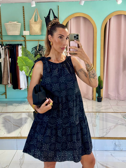 Robe oversize broderie & noeud épaule - noir