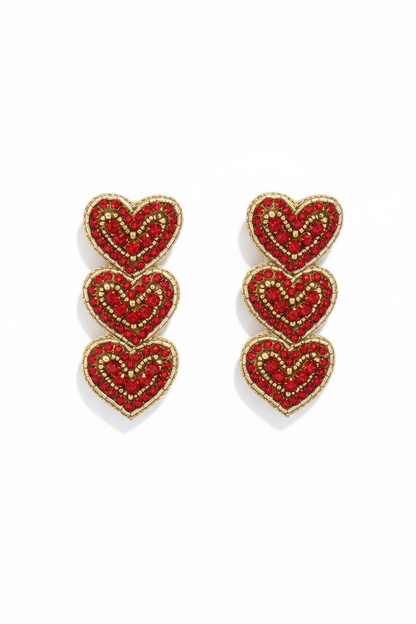 Boucles d’oreilles brodées à la main- cascade de cœur rouge