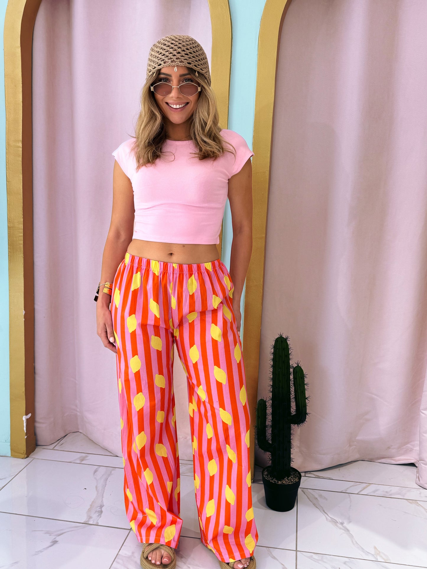 Pantalon rayé citron -orange & rose