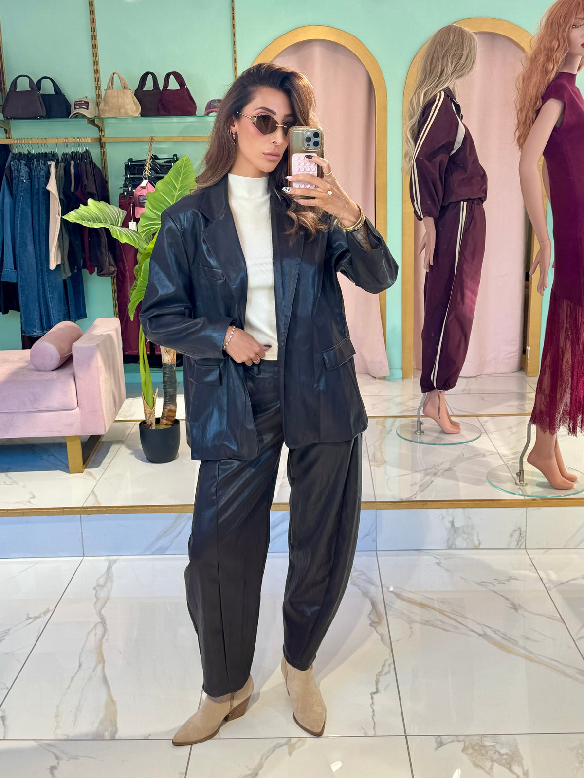 Veste tailleur oversize en simili cuir - marron foncé