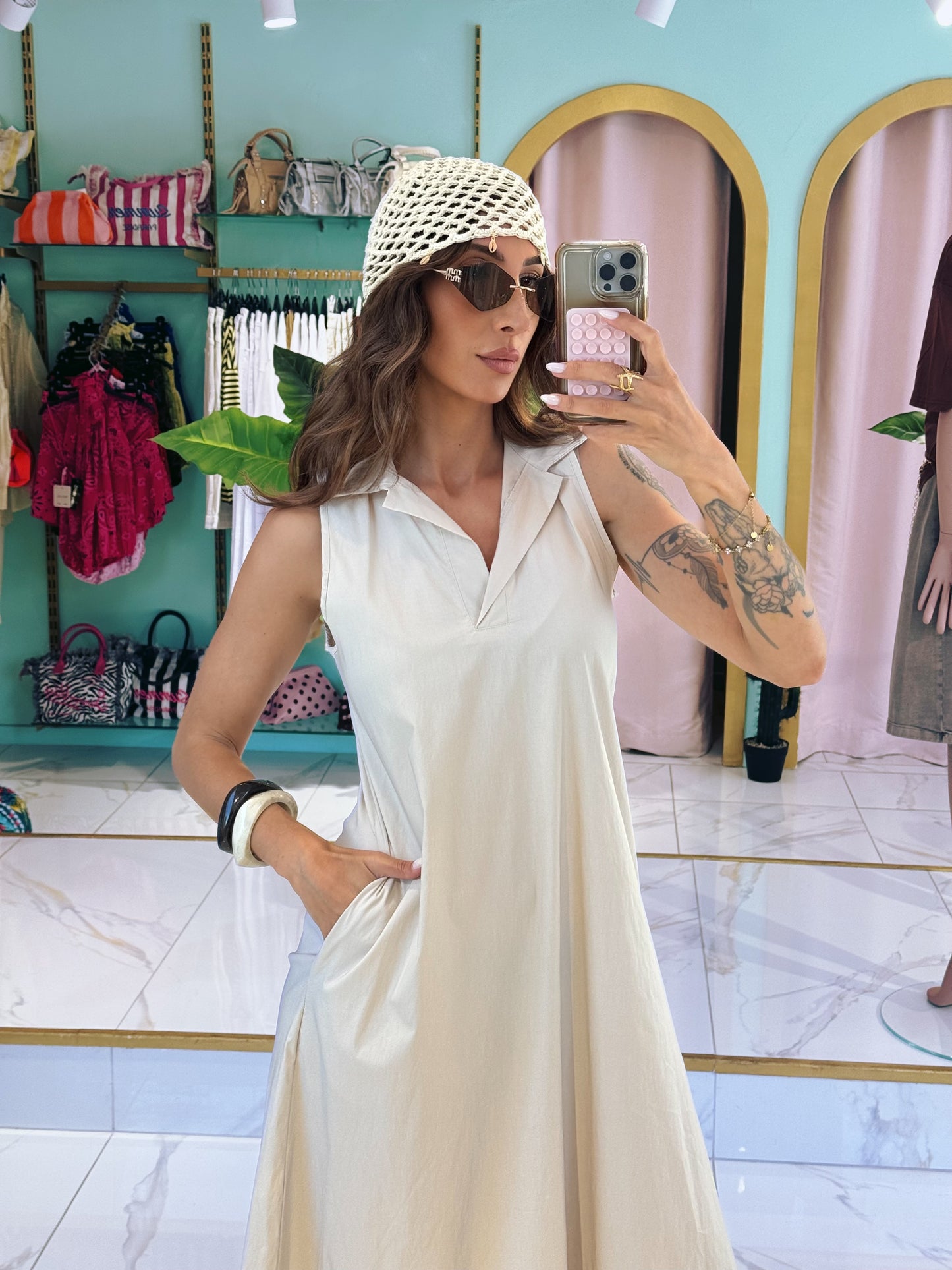 Robe midi col chemise - beige clair
