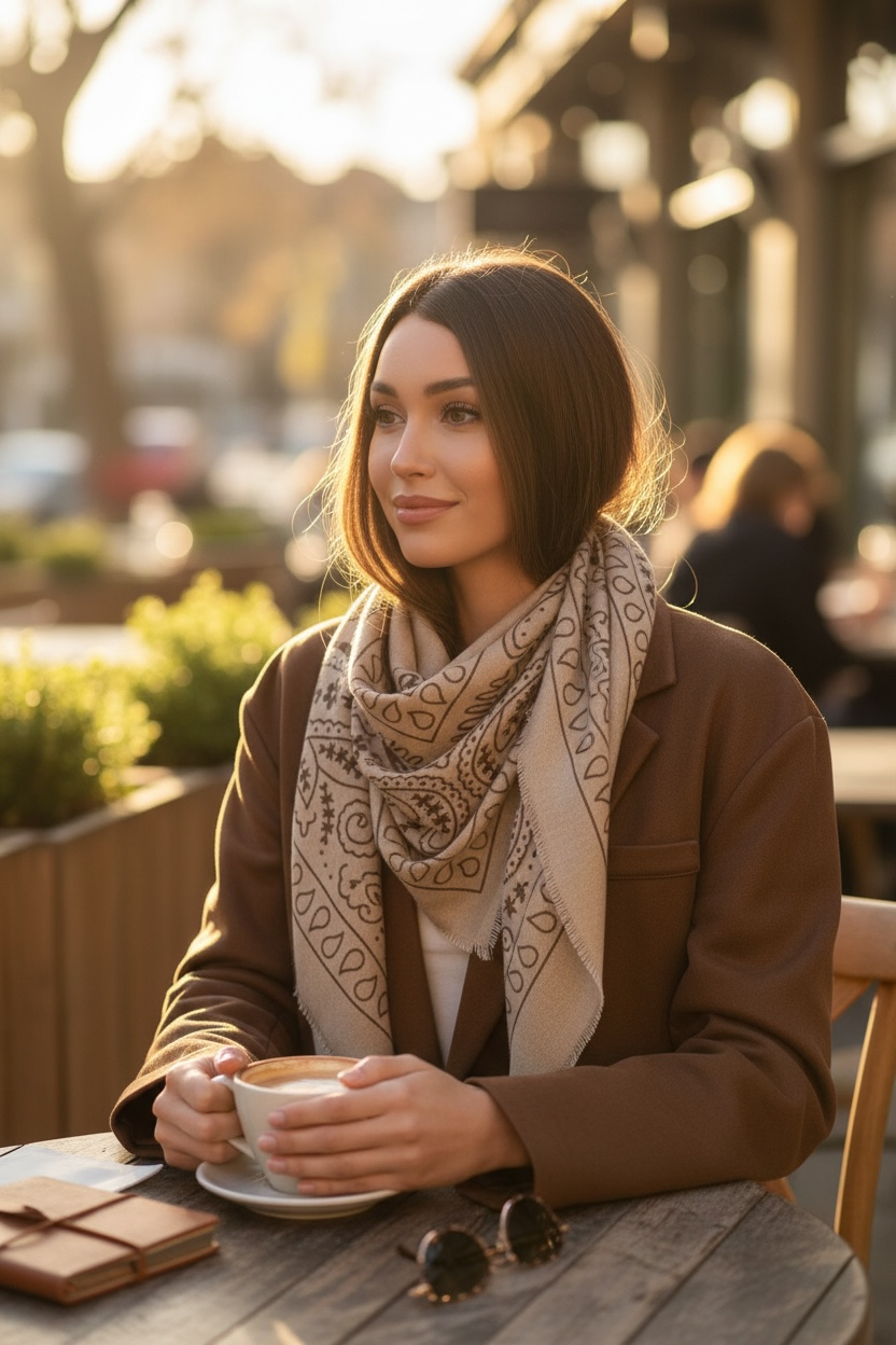 chèche imprimé style bandana – beige & chocolat