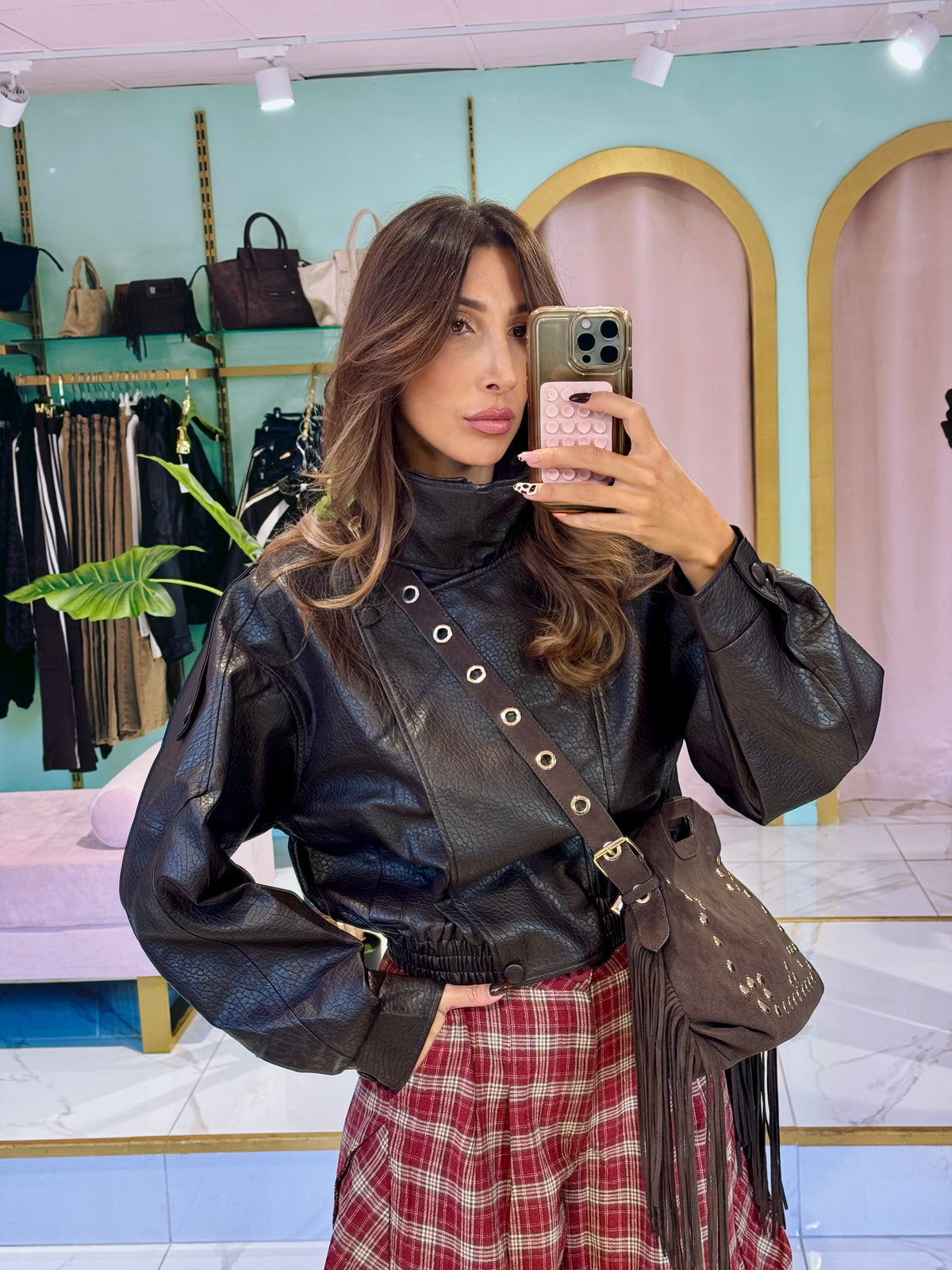 ✨ Veste Bomber en Simili Cuir Grainé à Col Montant Asymétrique – marron