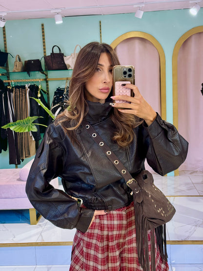 ✨ Veste Bomber en Simili Cuir Grainé à Col Montant Asymétrique – marron