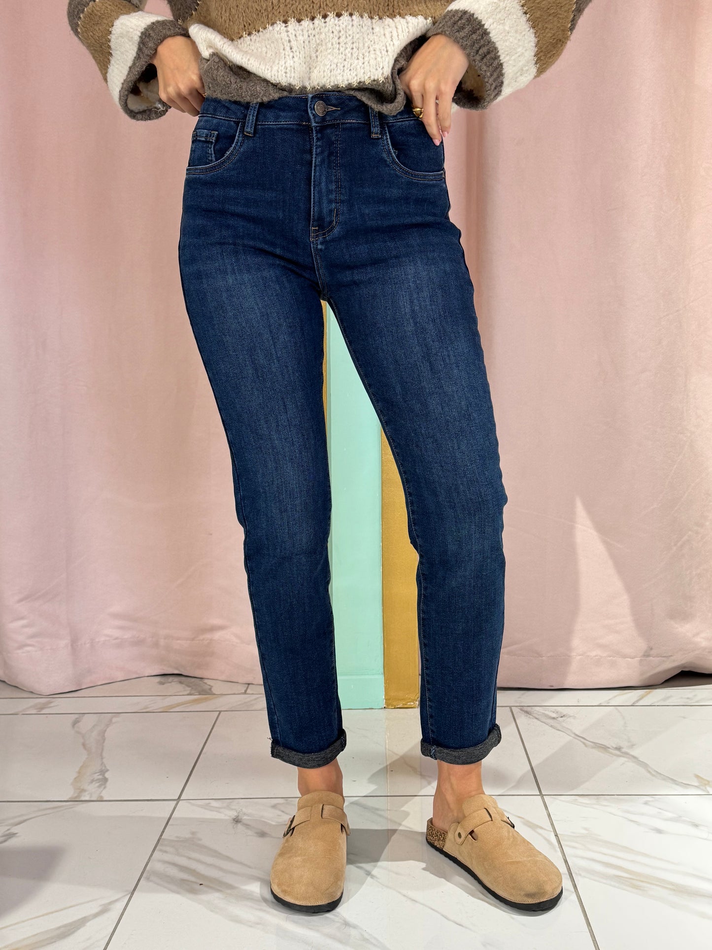 Jean mom fit bleu brut