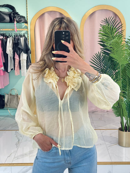 Blouse transparente col froncé – Jaune