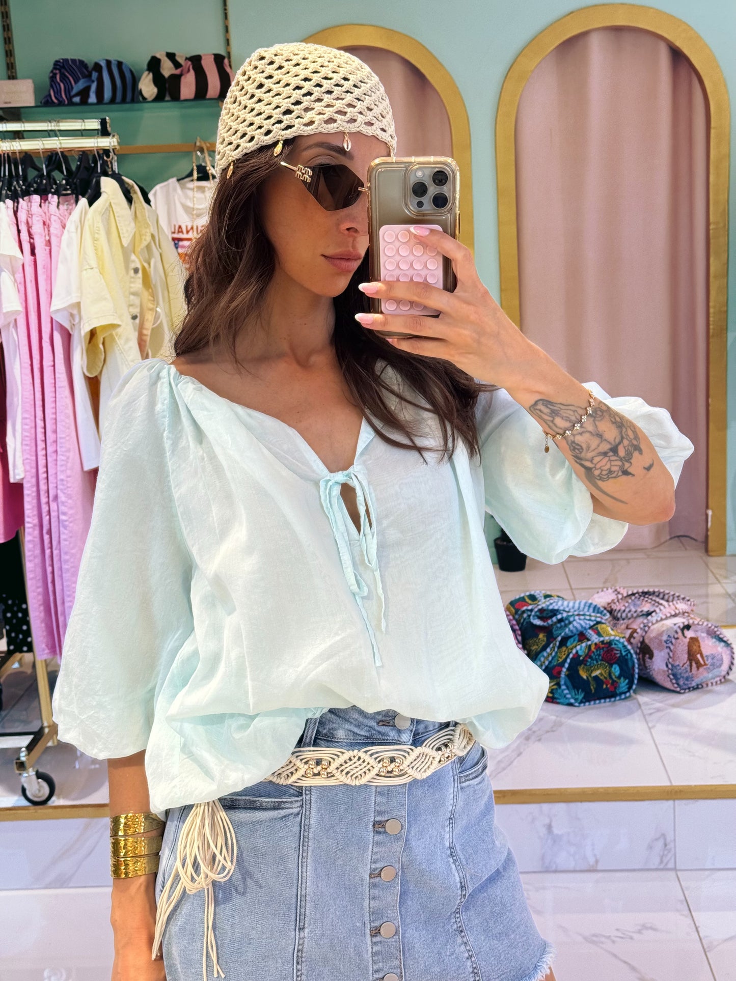 Blouse bouffante aérienne - turquoise