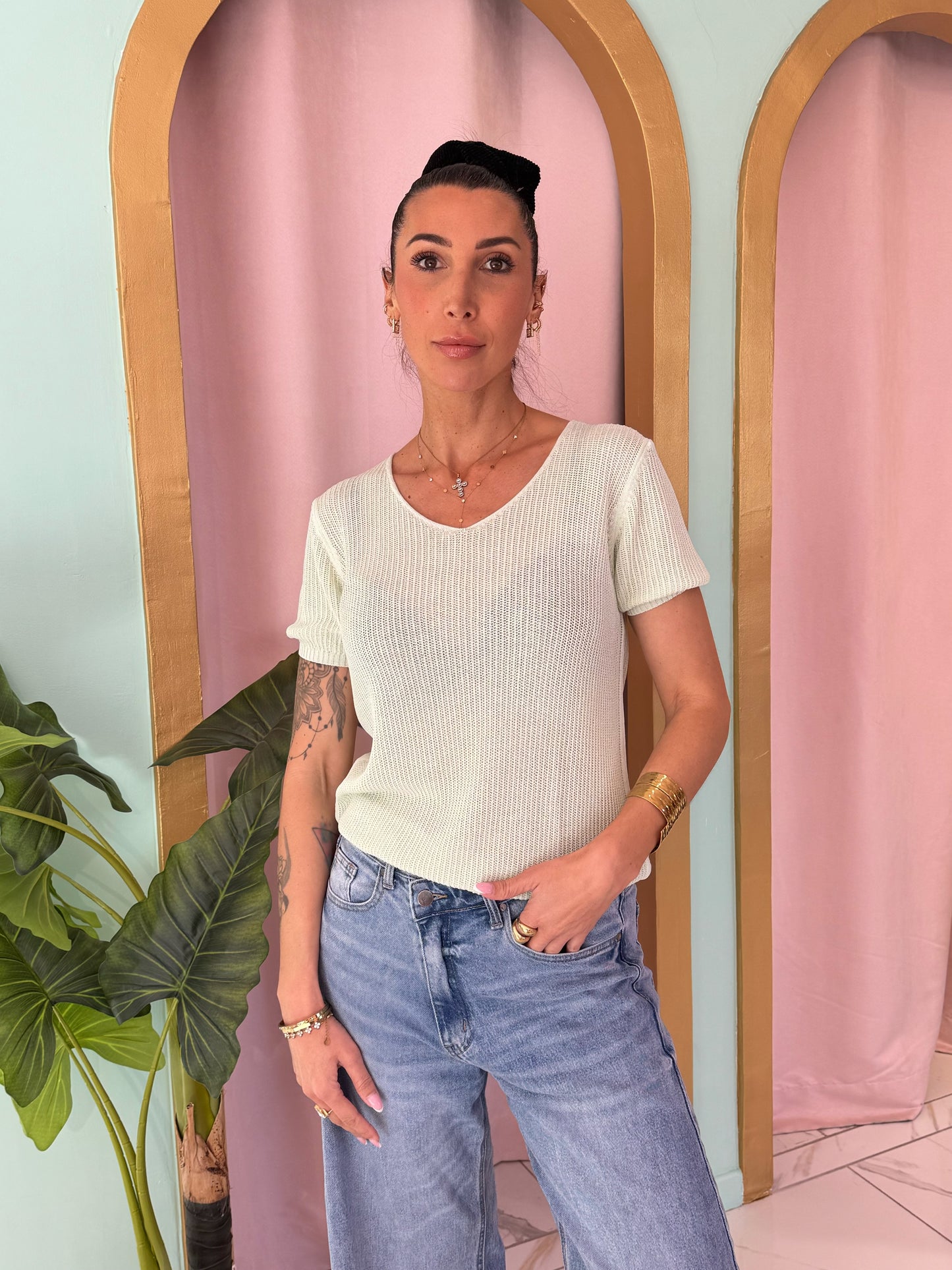 Top maille fine col V – vert d’eau