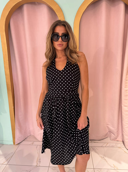 Robe à pois longueur midi en popeline de coton - noire