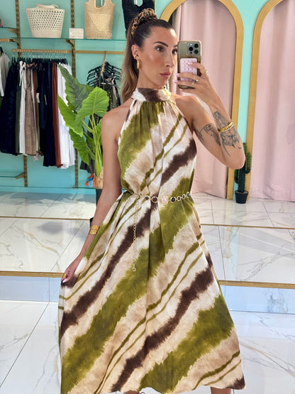 Robe longue satinée à imprimé - pistache