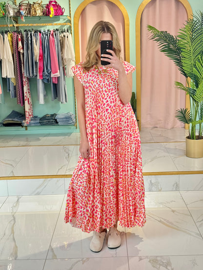 Robe longue plissée léopard – rose