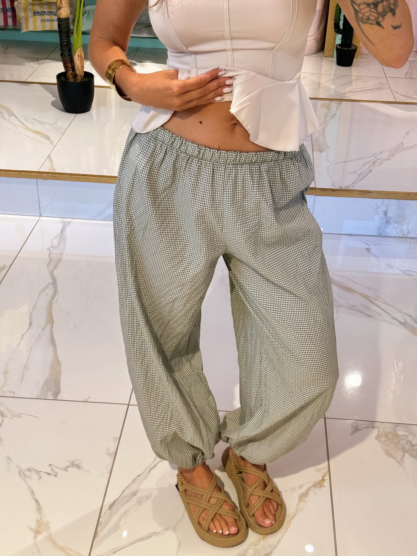 Pantalon bouffant à petit carreaux - kaki