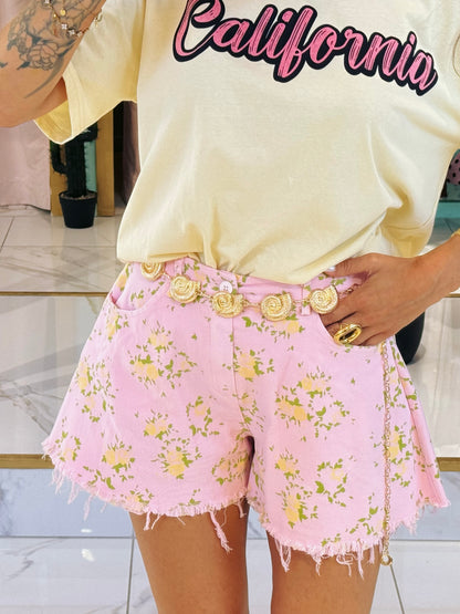 Short en jean maxi loose imprimé liberty - rose