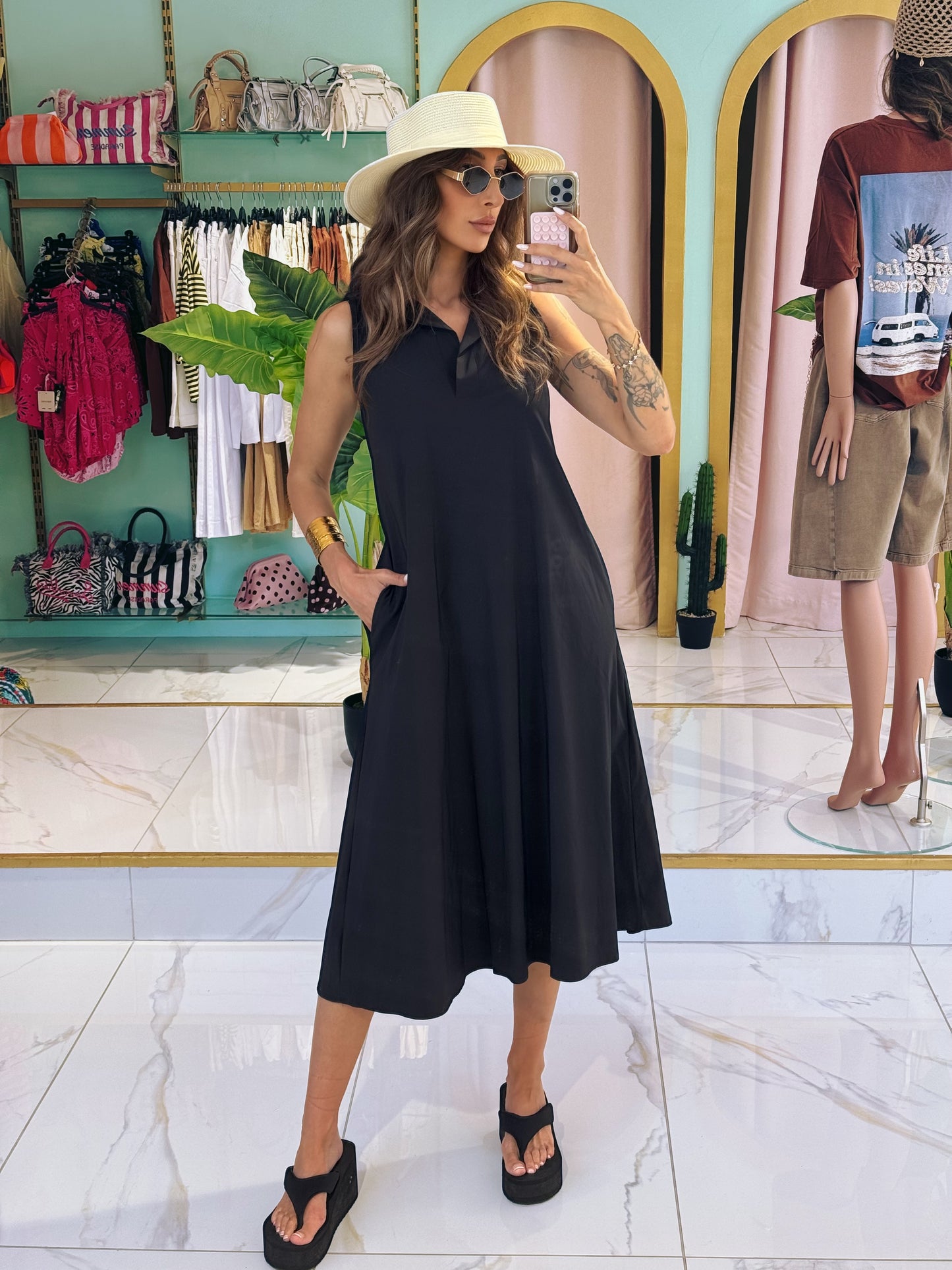 Robe midi col chemise - noire