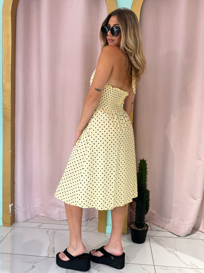 Robe à pois longueur midi en popeline de coton - jaune