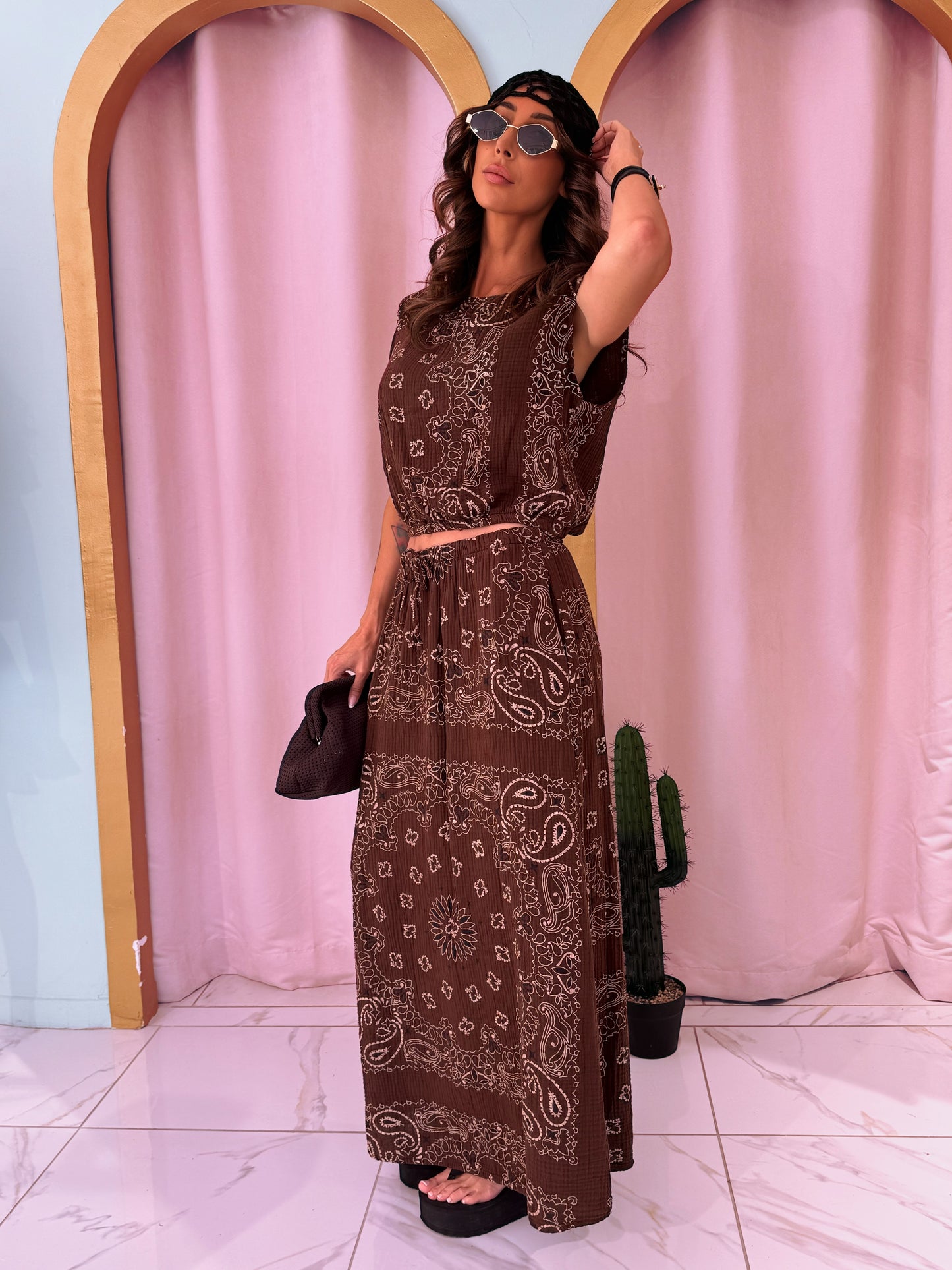 Ensemble top et jupe en gaz de coton à motif bandana- marron