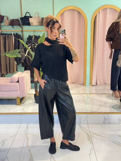 Pull manches courtes en maille col cut - noir