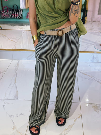 Pantalon fluide à fines rayures chocolat - pistache