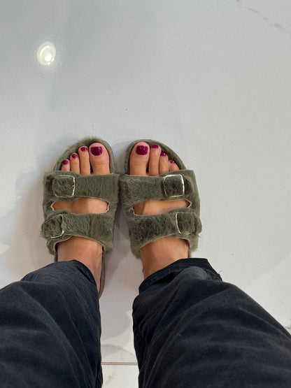 Mules fourées kaki