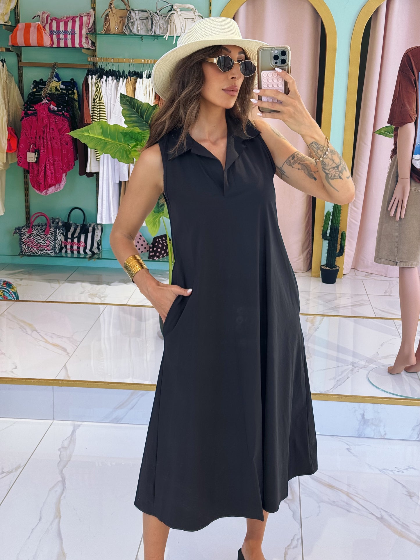Robe midi col chemise - noire