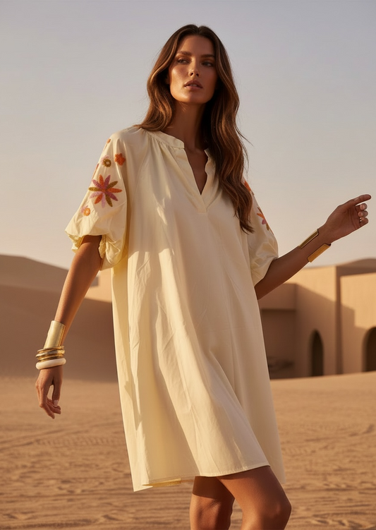 Robe en popeline de coton avec manches  bouffantes brodées - jaune pastel