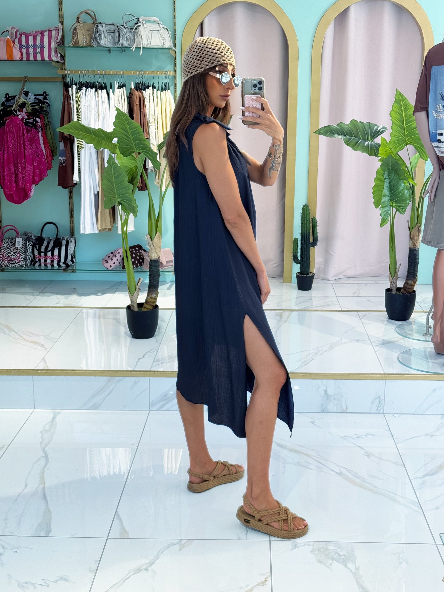 Robe oversize en viscose avec noeud et fente - bleu marine