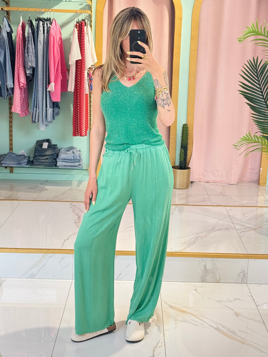 Pantalon fluide en viscose ceinture cordon vert