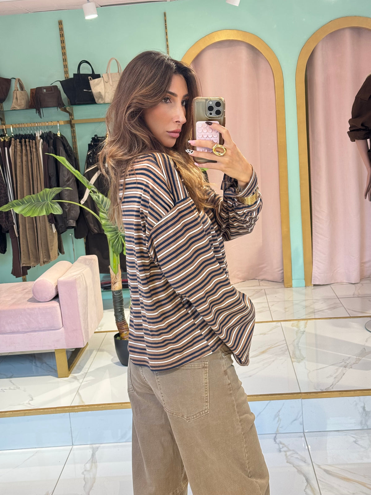 T-shirt manches longues marinière - Camel beige