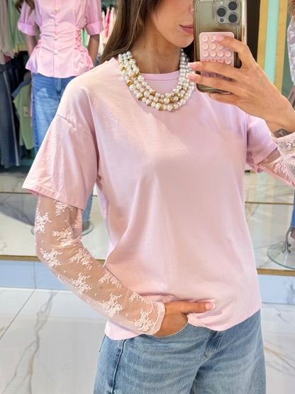 T-Shirt Coton Manches Dentelle –rose