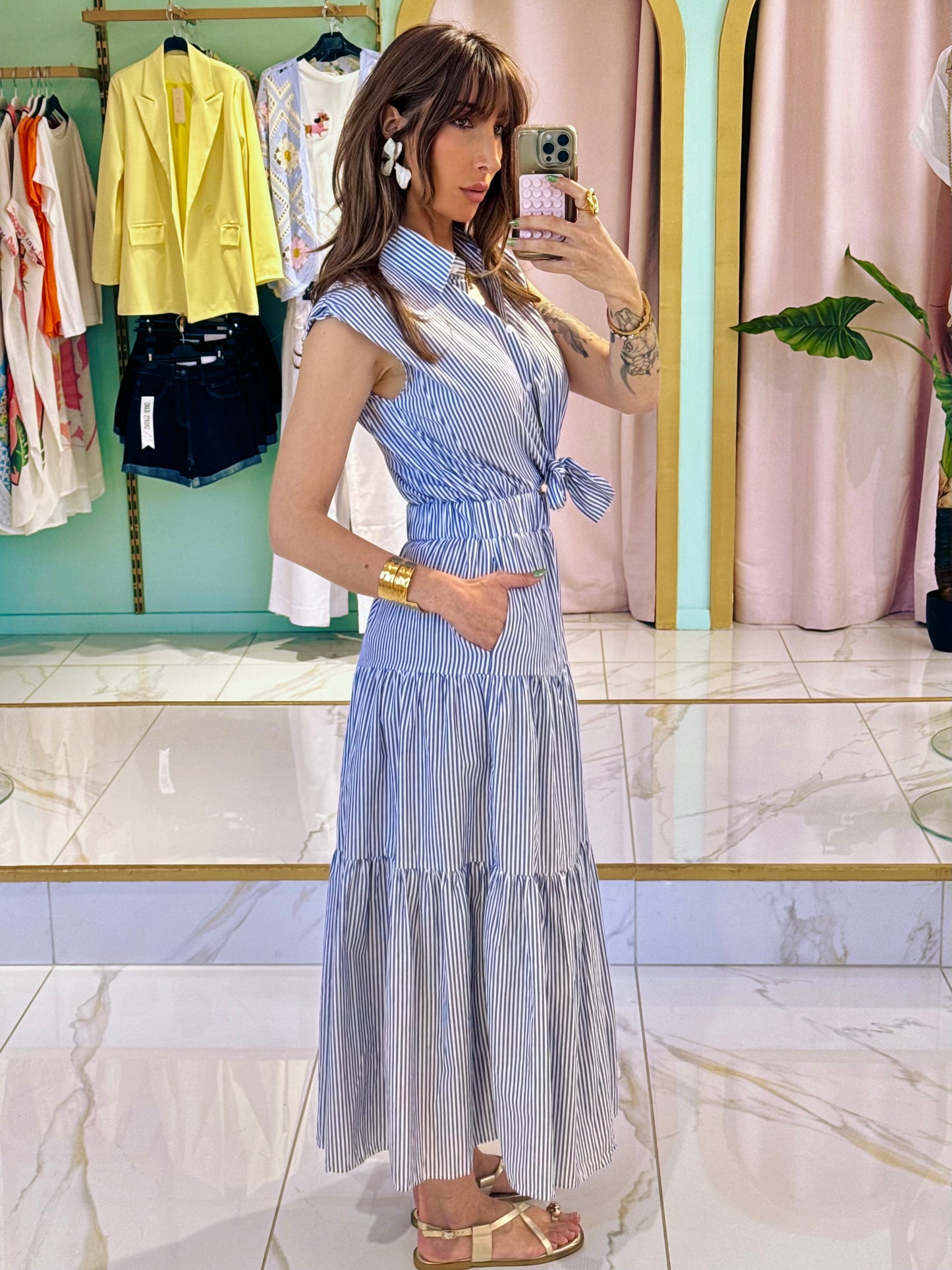 Robe longue rayée bleu