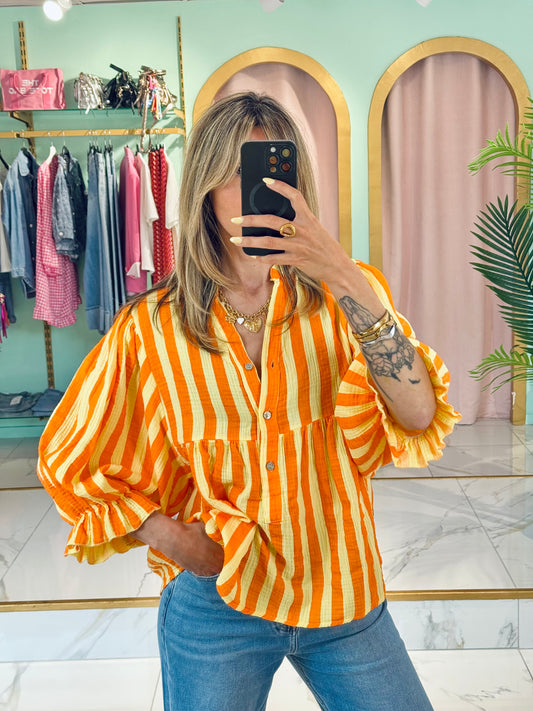 Blouse rayée en gaz de coton jaune et orange