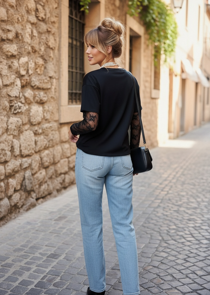 T-Shirt Coton Manches Dentelle –noir