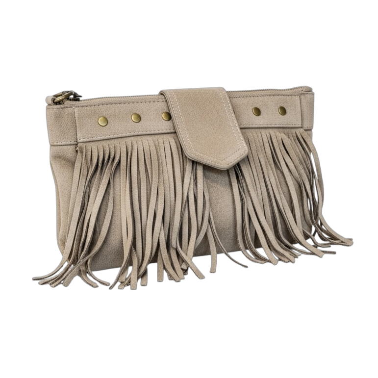 Sac pochette à franges – Bandoulière réglable – Façon nubuck beige