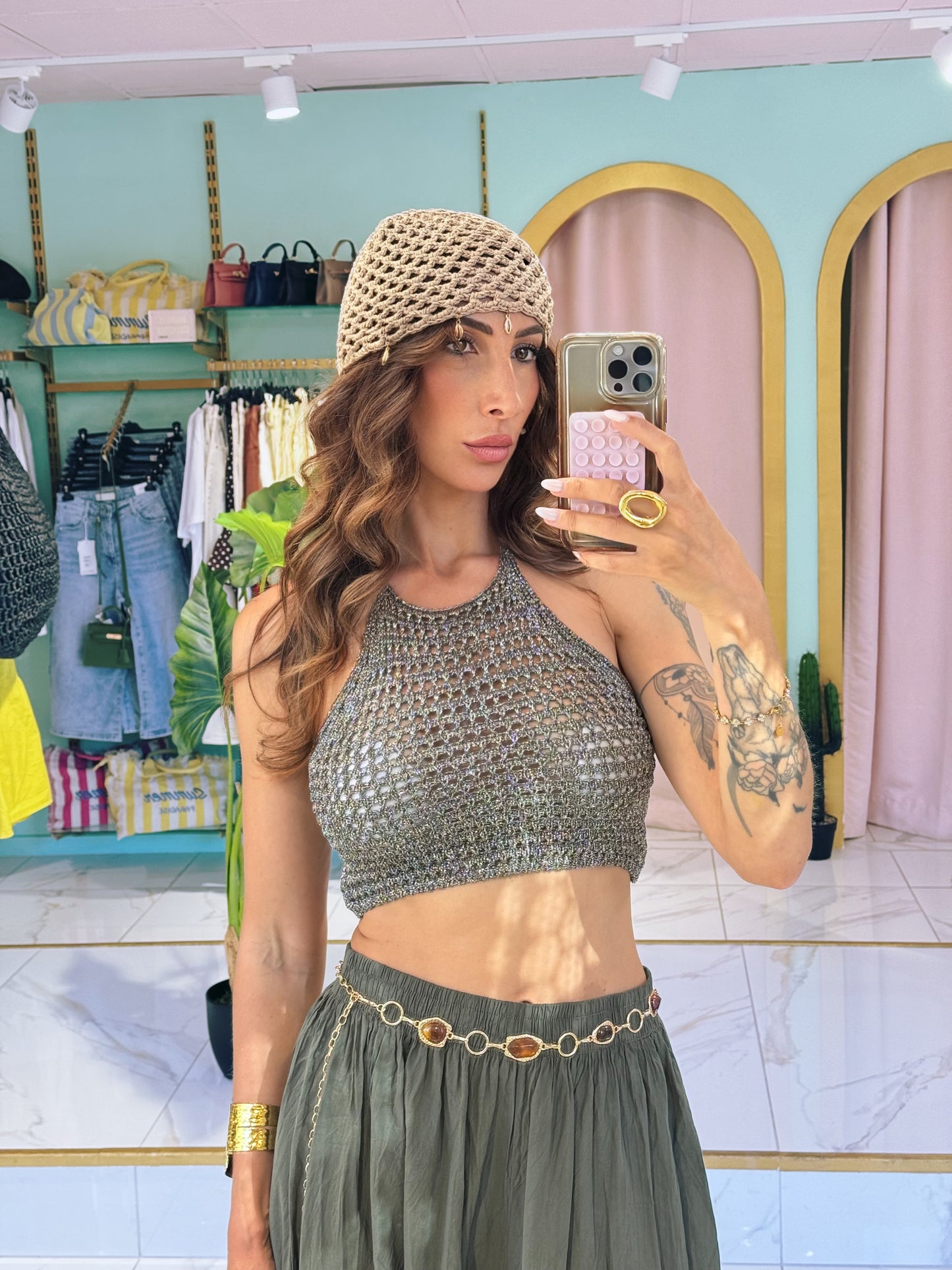 Crop top crochet en maille avec lurex - kaki