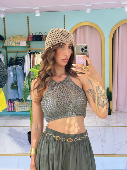 Crop top crochet en maille avec lurex - kaki