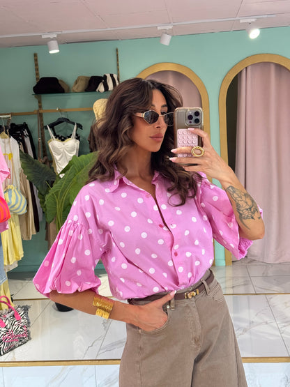 Chemise à pois avec manches bouffantes - rose