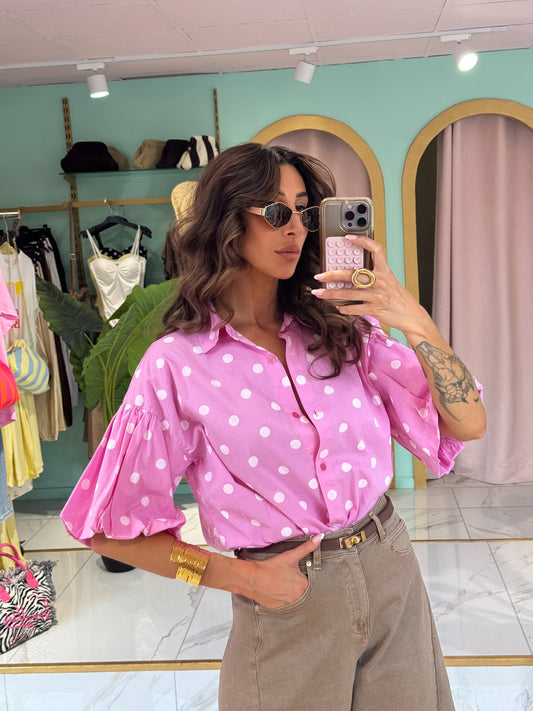 Chemise à pois avec manches bouffantes - rose
