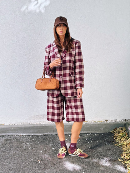 Ensemble veste tailleur & bermuda à carreaux bordeaux