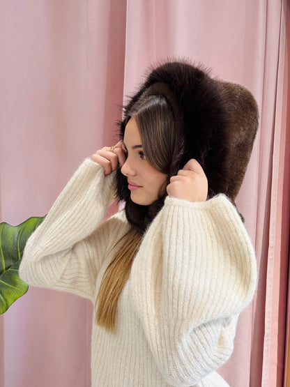 Cagoule capuche fausse fourrure marron