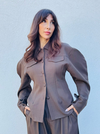 Ensemble Couture Marron Taupe – Veste à Manches Ballon & Pantalon Taille Haute