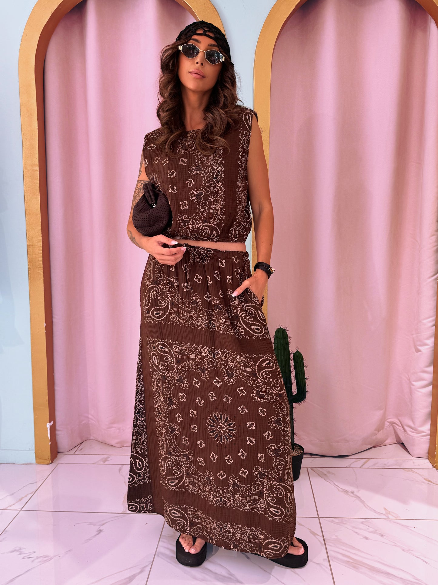Ensemble top et jupe en gaz de coton à motif bandana- marron