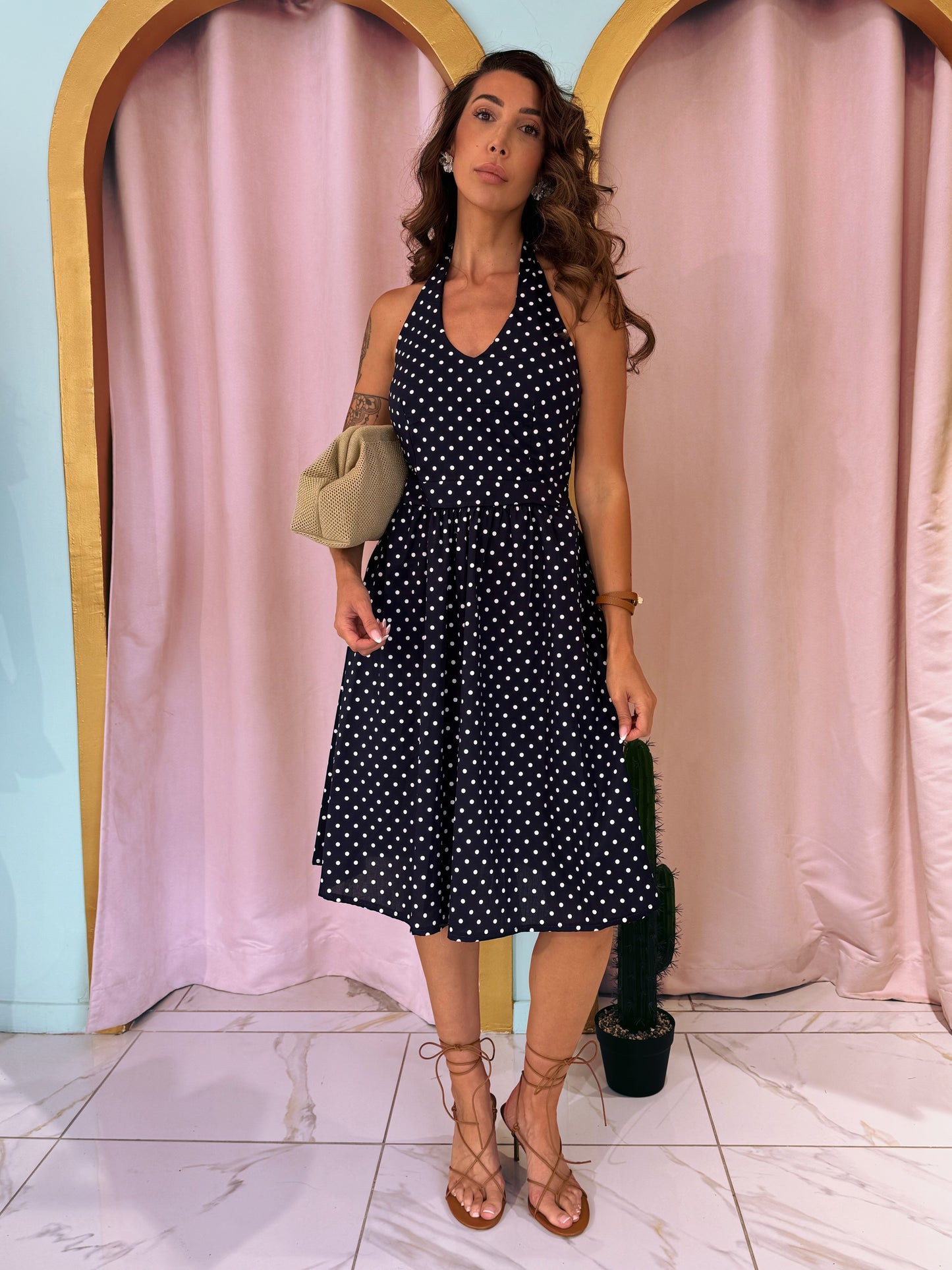 Robe à pois longueur midi en popeline de coton - bleu marine