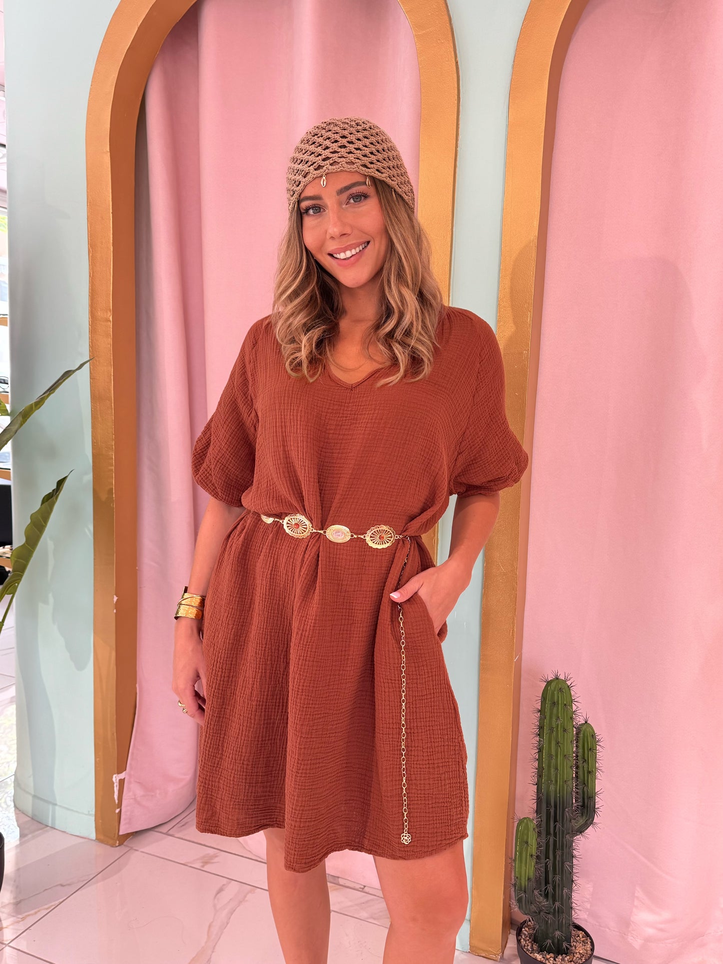 Robe en gaz de coton manches bouffantes - terracota