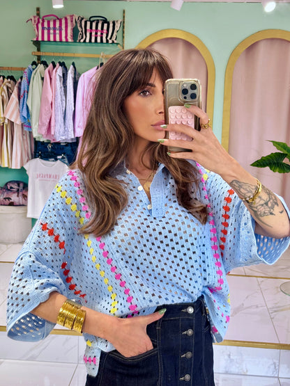 Polo crochet en coton bleu