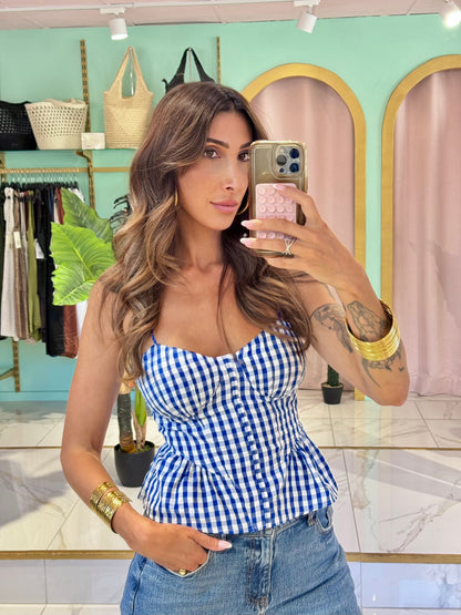 Top vichy façon corset avec coques - bleu Klein